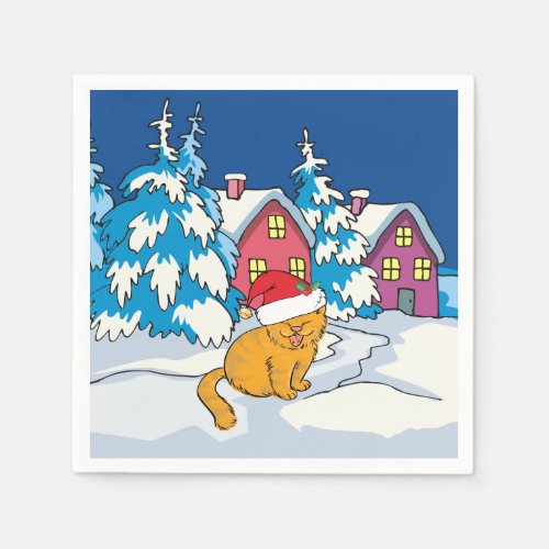 Cute Christmas Cat with Santa Hat Paper Napkins