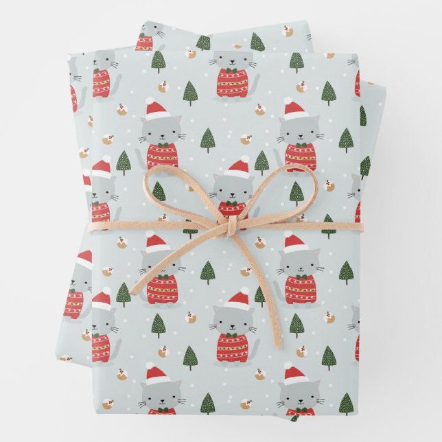 Cute Christmas Cat Wrapping Paper Sheets (In situ)