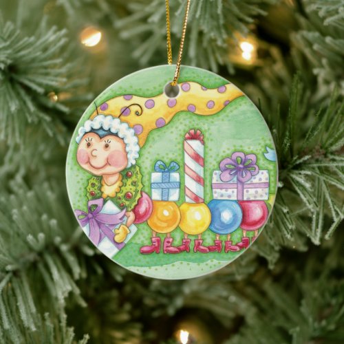 Cute Christmas Caterpillar Train with Presents Ceramic Ornament
