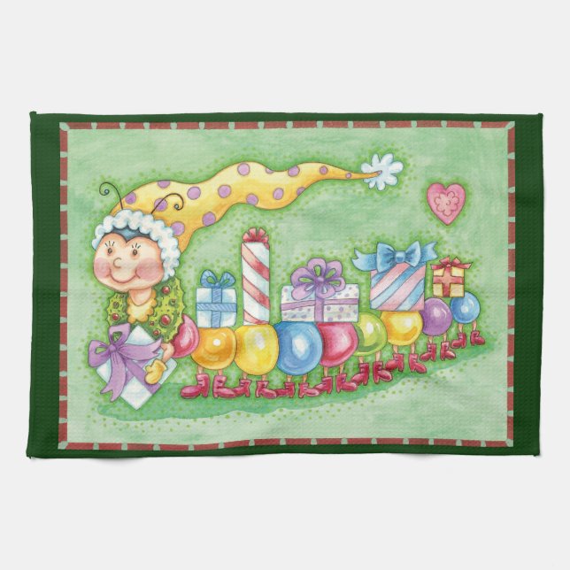 Cute Christmas Caterpillar Train with Presents Kitchen Towel (Horizontal)