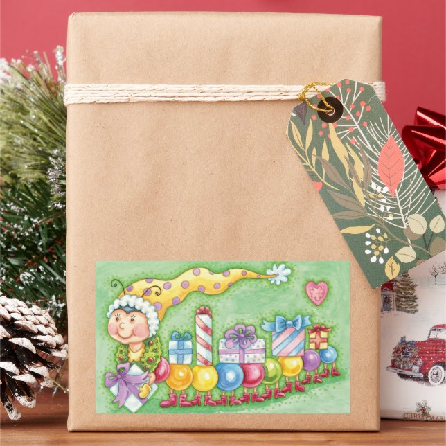 Cute Christmas Caterpillar Train with Presents Rectangular Sticker (Holiday)
