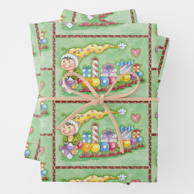Cute Christmas Caterpillar Train with Presents Wrapping Paper Sheets (In situ)