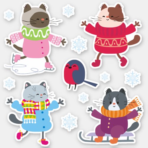 Cute Christmas Cats Bird Skate Sled Snowflakes Sticker