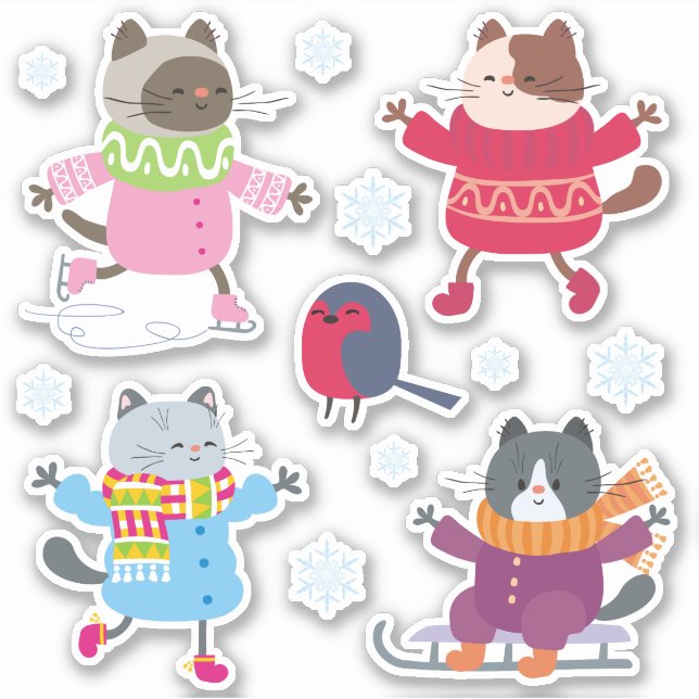 Cute Christmas Cats Bird Skate Sled Snowflakes Sticker (Front)