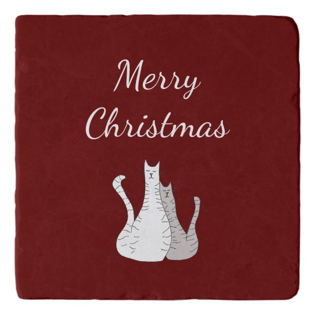 Cute Christmas Cats Elegant Script Red Trivet (Front)