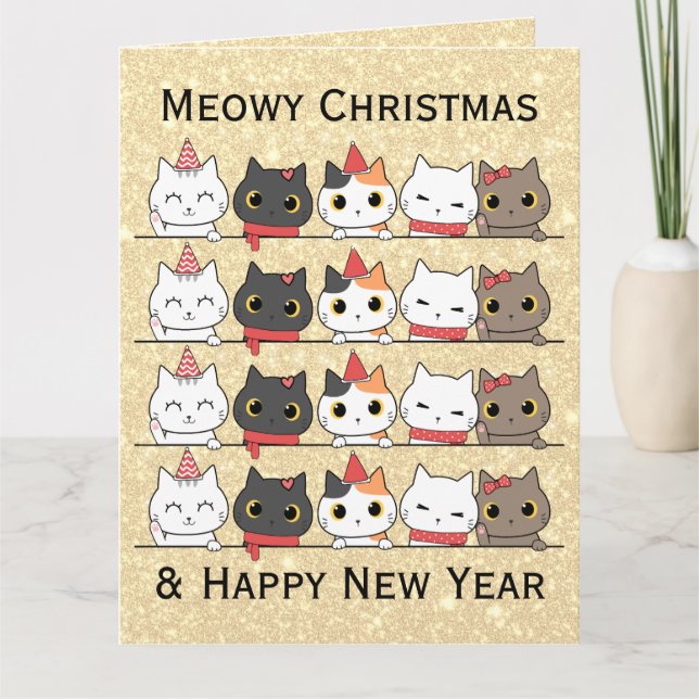 Cute Christmas Cats Faces Meowy Christmas  Card (Front)