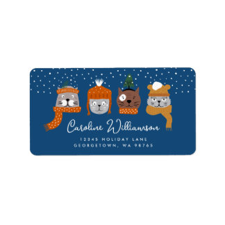 Cute Christmas Cats in Cozy Knits Blue Address Label
