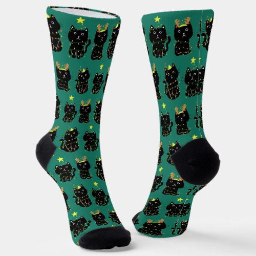 Cute Christmas Cats in Holiday Lights Funny Green Socks