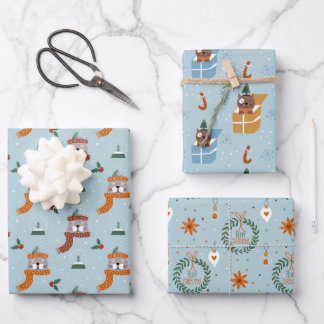 Cute Christmas Cats in Winter Knits Light Blue Wrapping Paper Sheets