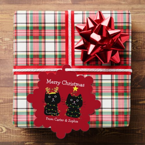 Cute Christmas Cats in Xmas Lights Custom Red Ornament Card