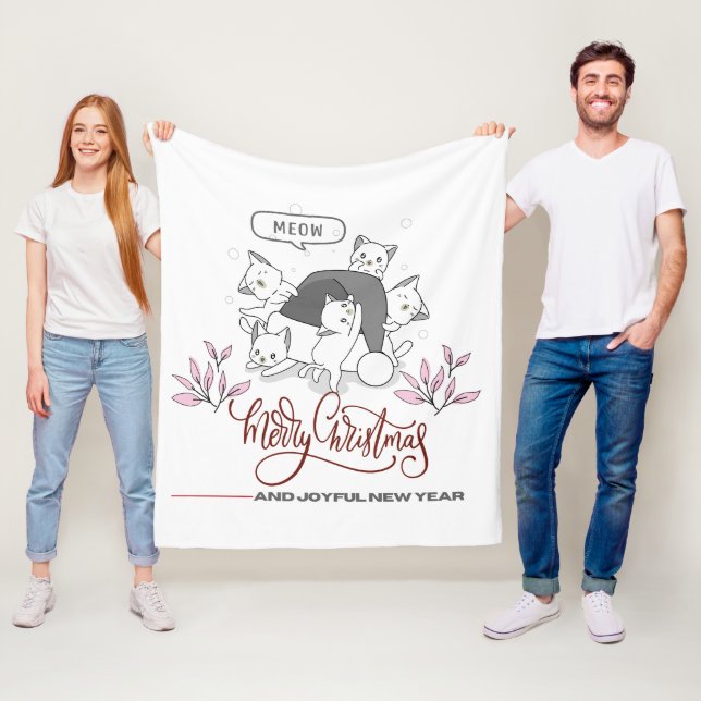 Cute Christmas Cats “Meow” Holiday Design Fleece Blanket (In Situ)