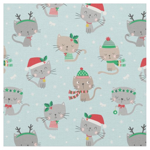 Cute Christmas Cats on light blue Fabric