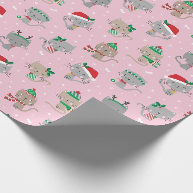 Cute Christmas Cats on light pink Wrapping Paper (Corner)