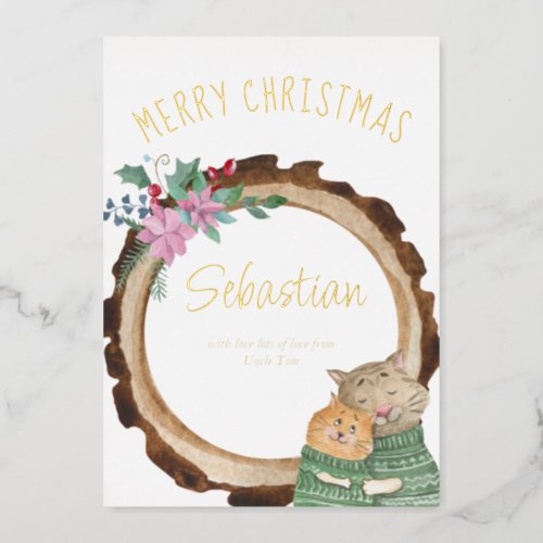 Cute Christmas Cats Rustic Wood Frame Gold Foil Foil Holiday Card