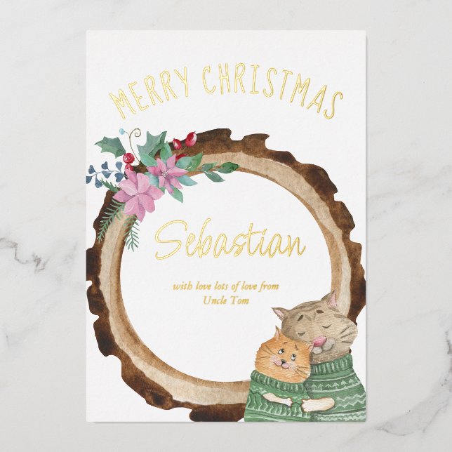 Cute Christmas Cats Rustic Wood Frame Gold Foil Foil Holiday Card (Front)
