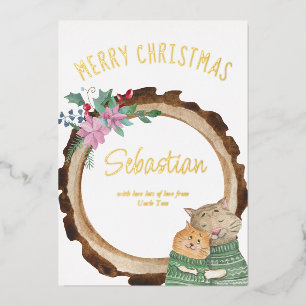 Cute Christmas Cats Rustic Wood Frame Gold Foil Holiday Card