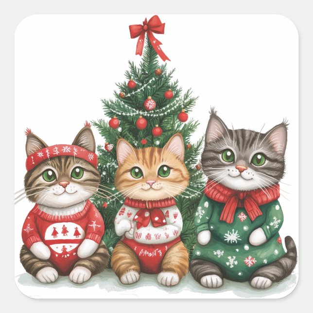 Cute Christmas Cats Square Sticker (Front)