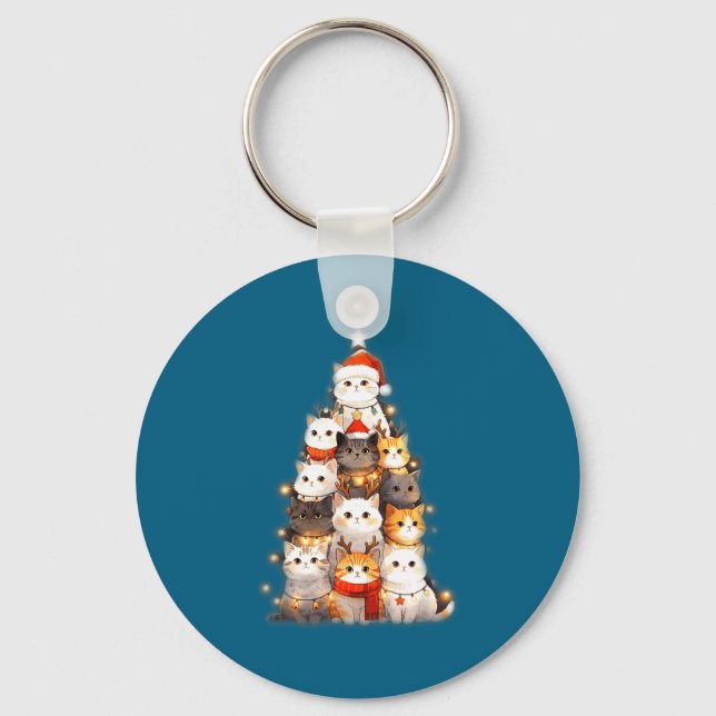 Cute Christmas Cats Tree Lights Holiday Kittens Il Keychain (Front)