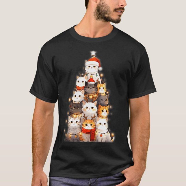 Cute Christmas Cats Tree Lights Holiday Kittens Il T-Shirt (Front)