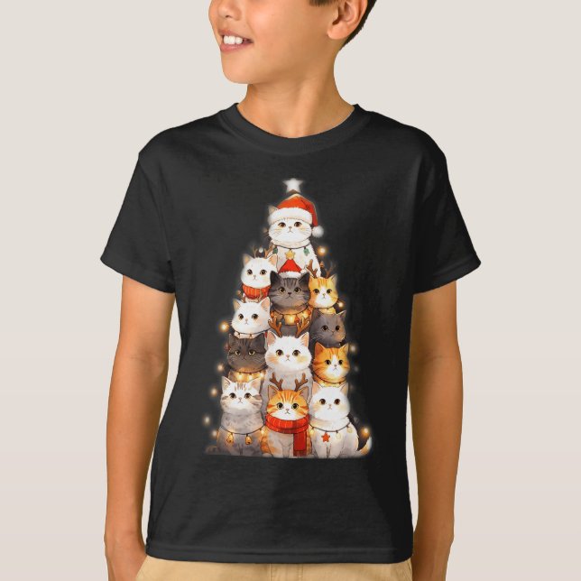 Cute Christmas Cats Tree Lights Holiday Kittens Il T-Shirt (Front)
