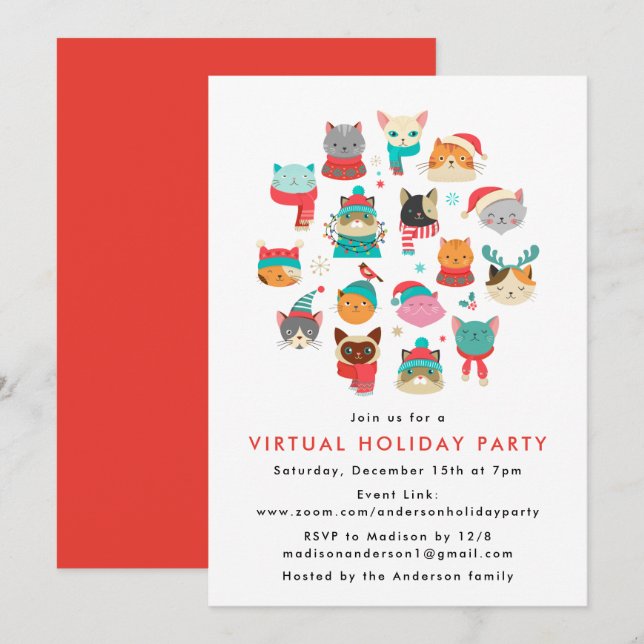 Cute Christmas Cats Virtual Holiday Party Invitation (Front/Back)