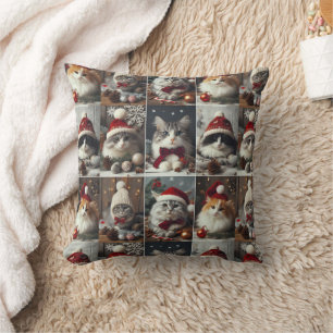 Cute Christmas CATS Winter Animals Rustic Throw Pillow