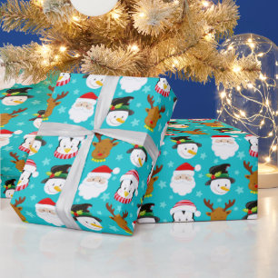 Cute Christmas Characters Pattern on Blue Wrapping Paper