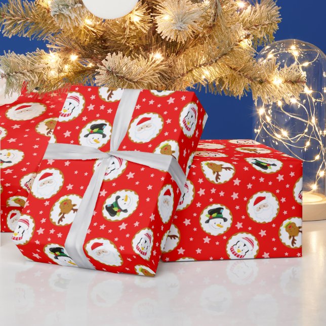 Cute Christmas Characters Pattern on Red Wrapping Paper (Holidays)