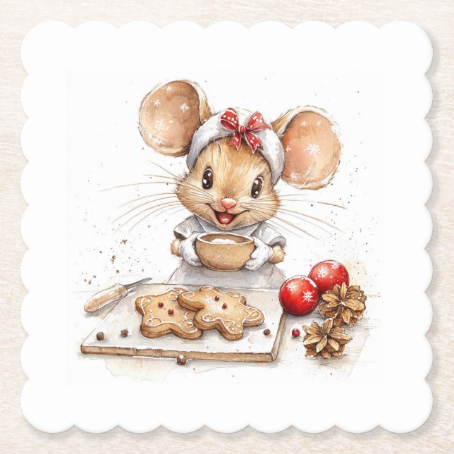 Cute Christmas Chef Mouse Paper Coaster (Front)