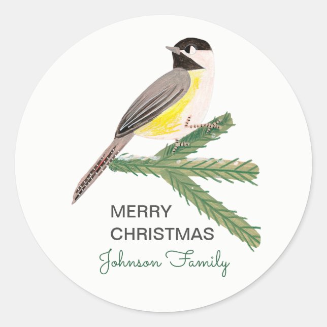 Cute christmas chickadee yellow bird & green tree classic round sticker (Front)