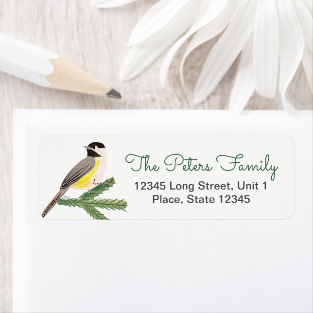 Cute christmas chickadee yellow bird & green tree label (Insitu)