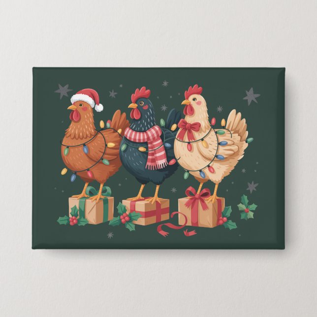 Cute Christmas Chickens Funny Holiday Farm Button (Front)