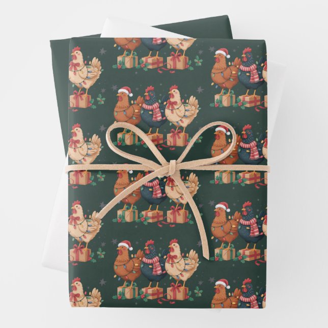 Cute Christmas Chickens Funny Holiday Farm Wrapping Paper Sheets (In situ)