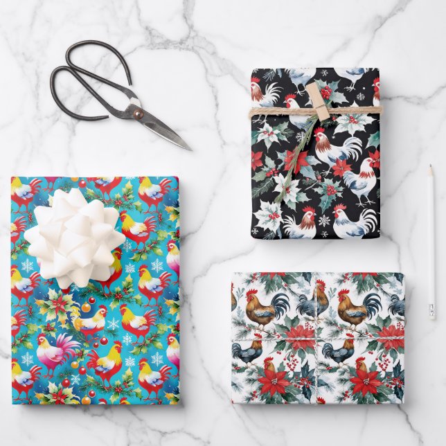 Cute Christmas Chickens Wrapping Paper Sheets (Front)