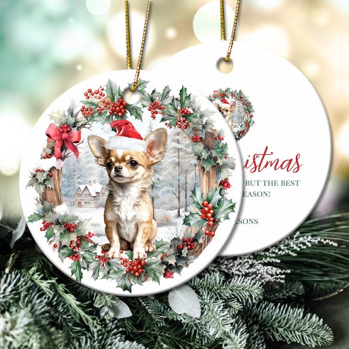 Cute Christmas Chihuahua dog puppy Santa hat Ceramic Ornament