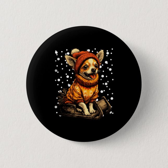 Cute Christmas Chihuahua Sledding In Snow Funny Wi Button (Front)