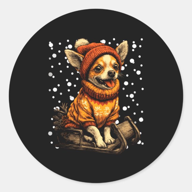 Cute Christmas Chihuahua Sledding In Snow Funny Wi Classic Round Sticker (Front)
