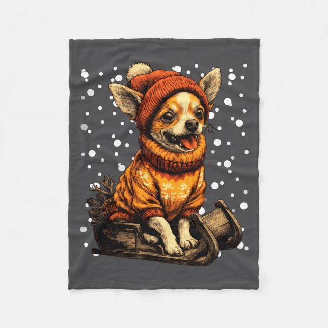 Cute Christmas Chihuahua Sledding In Snow Funny Wi Fleece Blanket (Front)