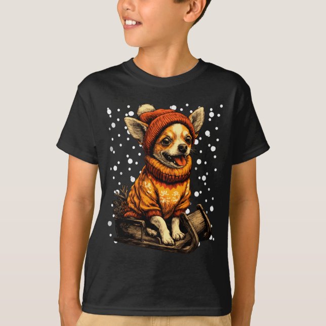 Cute Christmas Chihuahua Sledding In Snow Funny Wi T-Shirt (Front)
