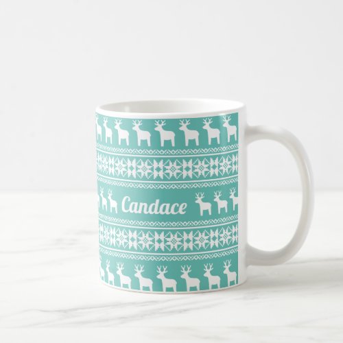 Cute Christmas Coastal Teal Snowflake Deer Custom Coffee Mug
