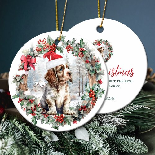Cute Christmas Cocker spaniel dog puppy Santa hat Ceramic Ornament