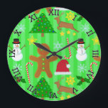Cute Christmas Collage Holiday Pattern Large Clock<br><div class="desc">This cute holiday design has a collage of funny and festive Christmas drawings on it. The design includes a Christmas tree, a reindeer, a snowman, a gingerbread man, candy canes, mistletoe, a Santa hat and snowflakes and stars. The background is done in stripes, in two shades of light green. This...</div>