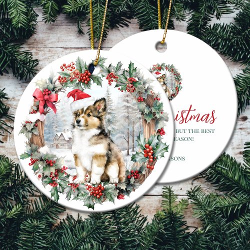 Cute Christmas collie dog puppy Santa hat Ceramic Ornament