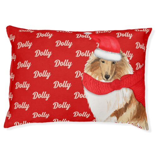 Cute Christmas Collie on Red with Dogs Name Pet Bed