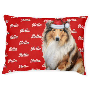 Cute Christmas Collie on Red with Dog's Name Pet Bed