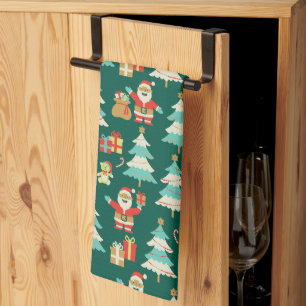 Cute Christmas colorful Santa scene vintage vibe Kitchen Towel