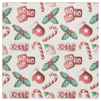 Cute Christmas Cookie Candy Cane Mitten Pattern Fabric