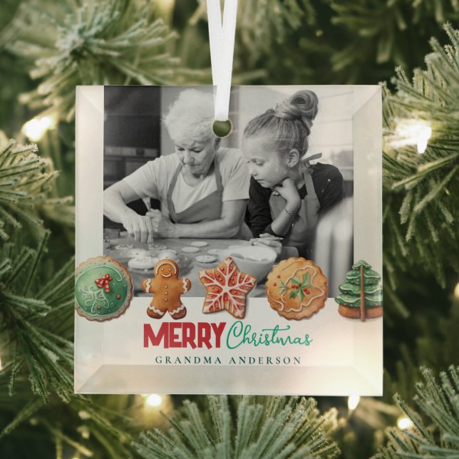 Cute Christmas Cookies Holiday Baking Photo  Glass Ornament (Insitu)