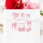 Cute Christmas Coquette Pink Bow Baby Shower Square Sticker<br><div class="desc">Add a touch of elegance to your baby shower favors with this charming Coquette Pink Bow Thank You Sticker. Featuring a whimsical design of pink bows and elegant script, this sticker is perfect for celebrating a baby shower with a sweet and feminine touch. Use it to seal favor bags or...</div>