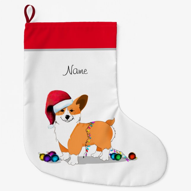 Cute Christmas Corgi Dog Large Christmas Stocking (Front)